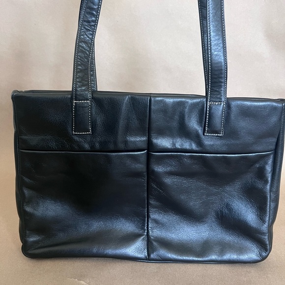 Vtg Perlina Black Genuine Leather Double Strap Handbag Medium Tote Made In Korea - Picture 1 of 16